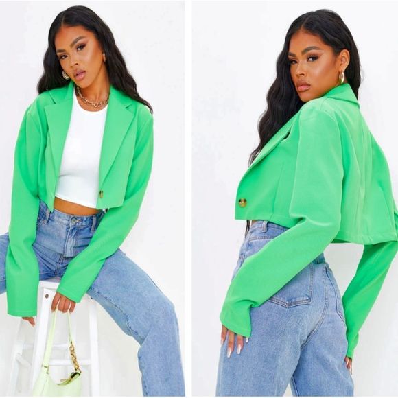 PrettyLittleThing Jackets & Blazers - PRETTY LITTLE THING Green Basic Cropped Blazer Jacket - US L